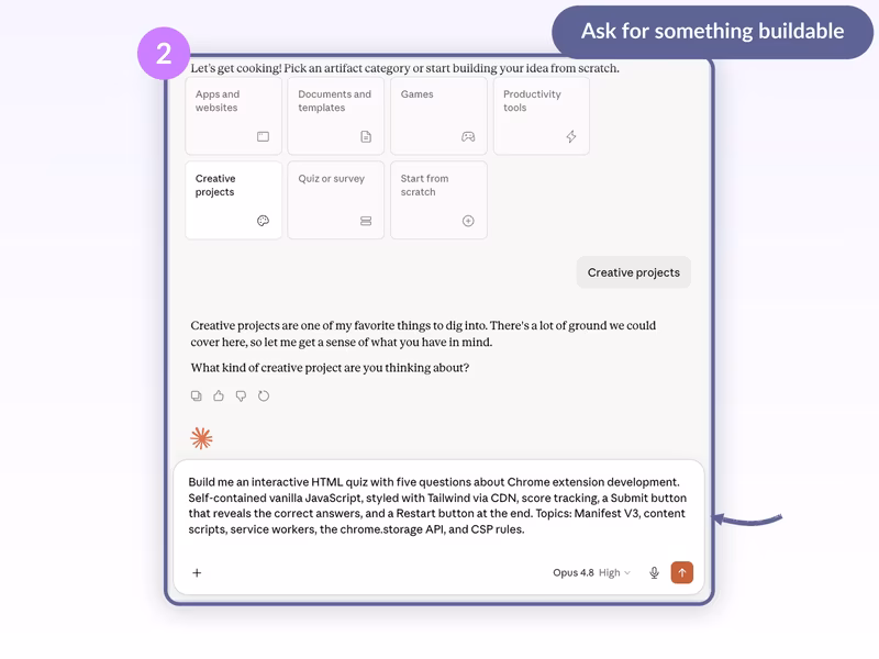 Claude chat with Creative projects category selected and a detailed prompt for an interactive Chrome extension dev quiz in the input