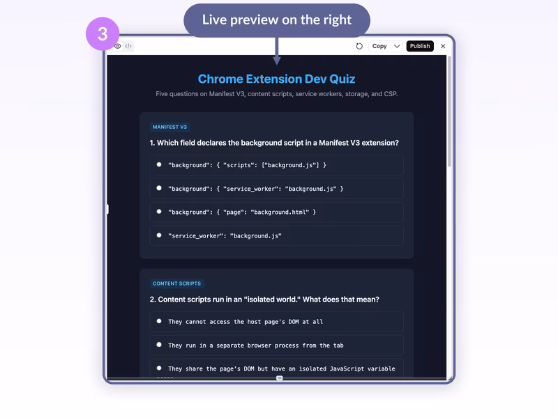 Claude Artifact panel showing the Chrome Extension Dev Quiz live in Preview mode with dark-themed Manifest V3 and Content scripts question cards