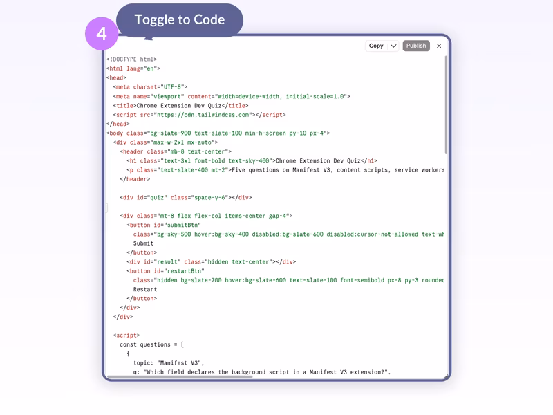 Claude Artifact panel in Code mode showing the full HTML and JavaScript source of the Chrome Extension Dev Quiz with Copy and Publish buttons top-right