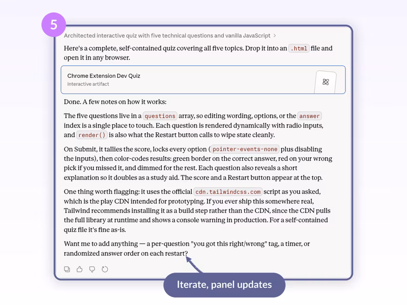 Claude chat showing the dark-mode iteration request, the assistant's response explaining changes, and the updated Chrome Extension Dev Quiz Artifact card