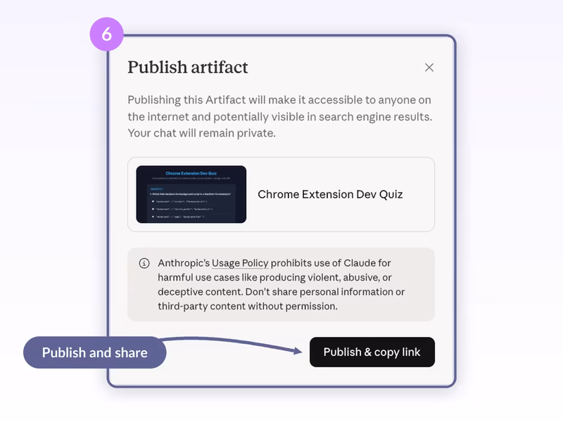 Claude Publish artifact modal with Chrome Extension Dev Quiz, Anthropic Usage Policy note, and Publish and copy link button
