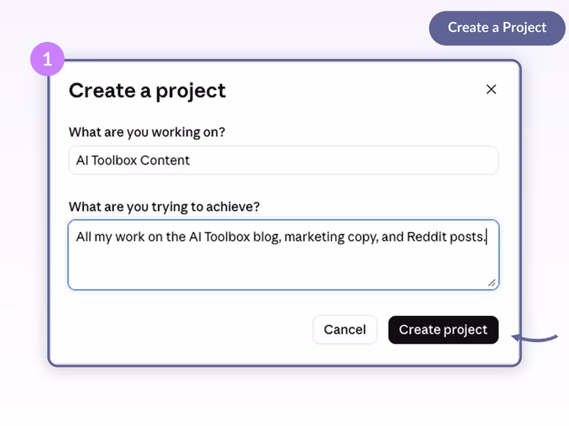Claude Create a project modal with What are you working on and What are you trying to achieve fields populated for an AI Toolbox Content project