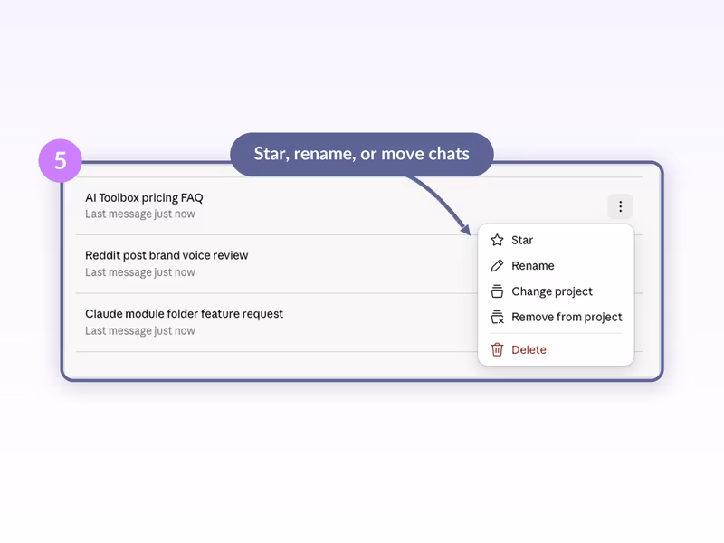 Claude Project chat three-dot menu showing Star, Rename, Change project, Remove from project, and Delete options