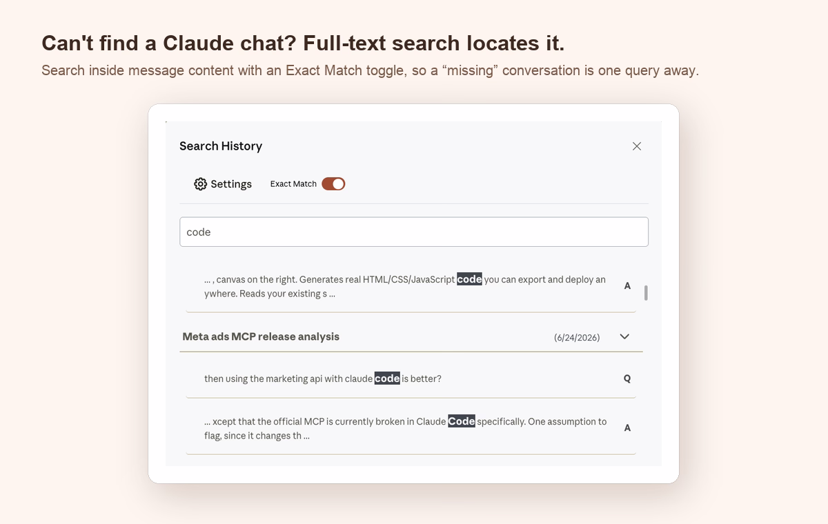 AI Toolbox full-text search finding a missing Claude conversation by message content