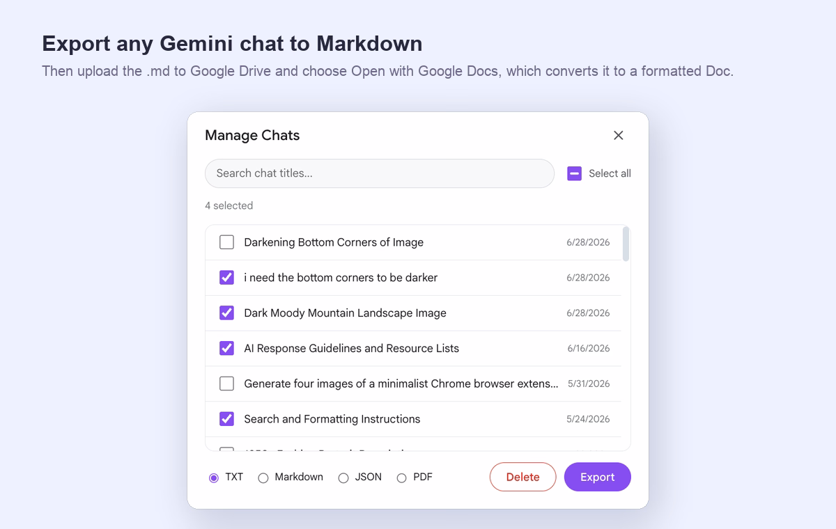 AI Toolbox exporting a Gemini conversation to Markdown, PDF, TXT, or JSON