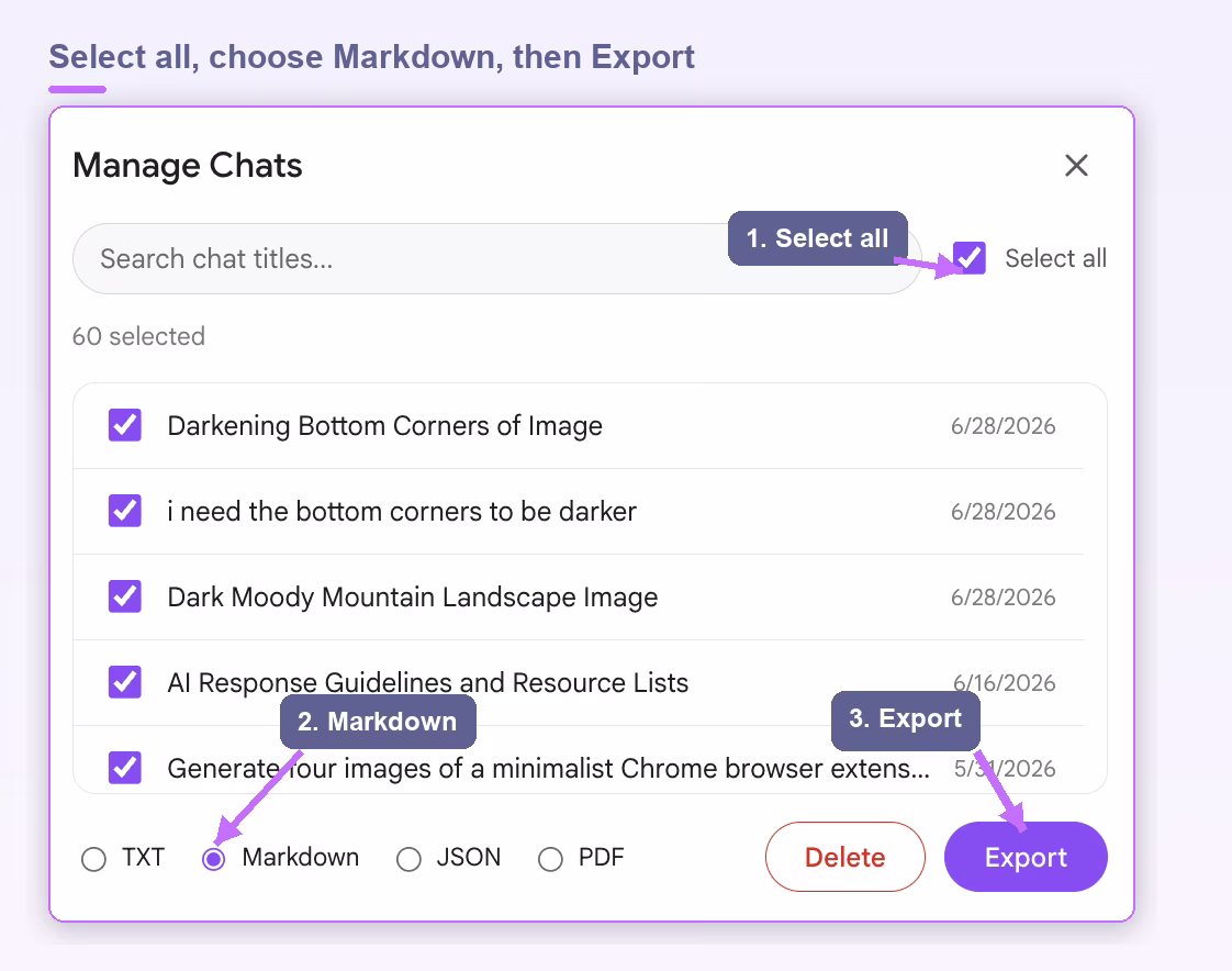 AI Toolbox bulk export on Gemini with Select all checked, Markdown chosen, and Export ready