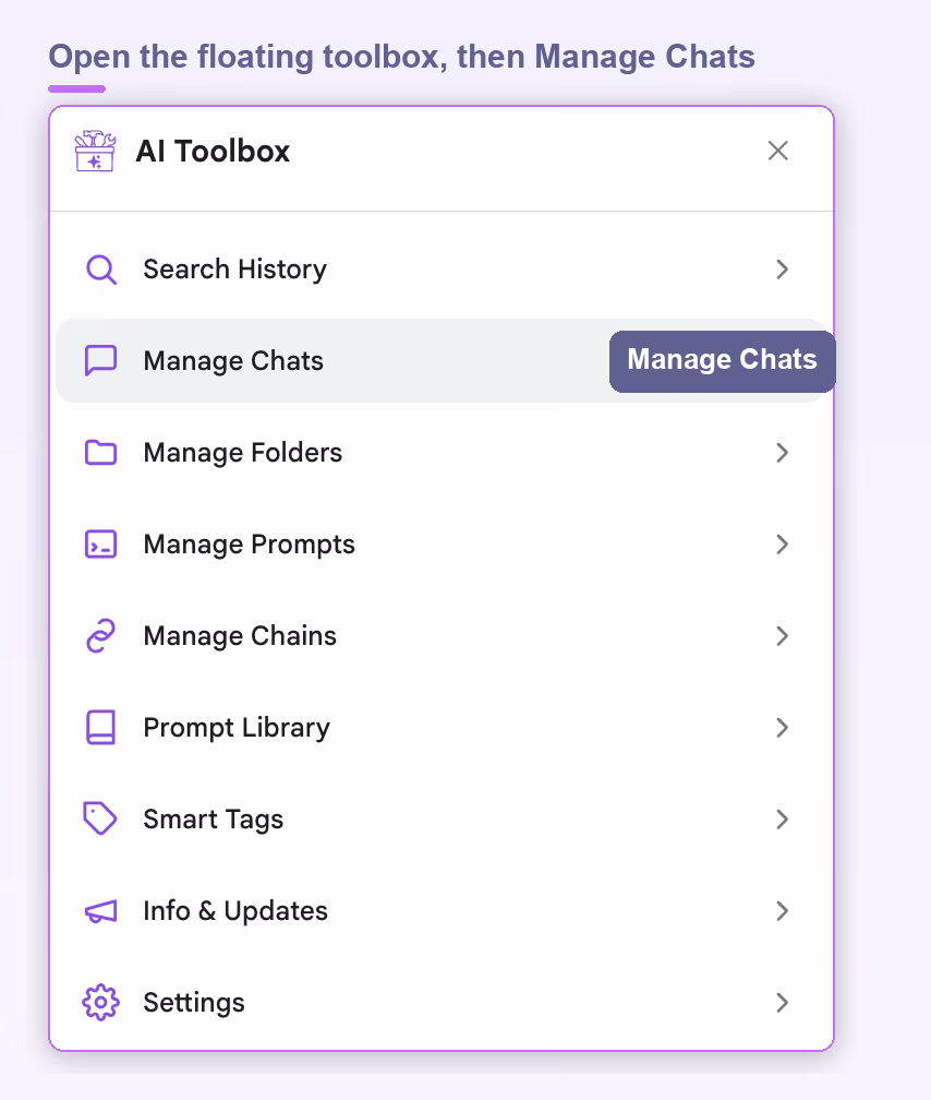 AI Toolbox floating toolbox on Gemini with the Manage Chats option highlighted