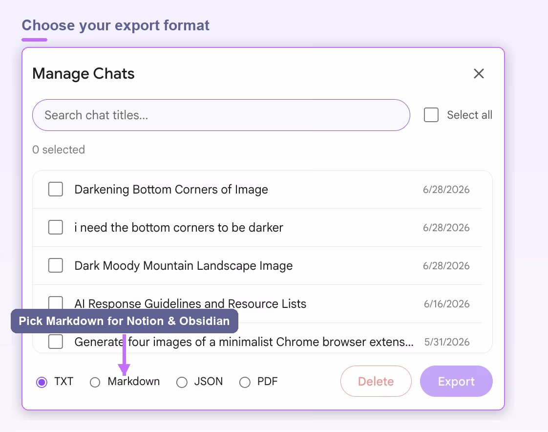 AI Toolbox Manage Chats export format selector on Gemini with TXT, Markdown, JSON, and PDF options