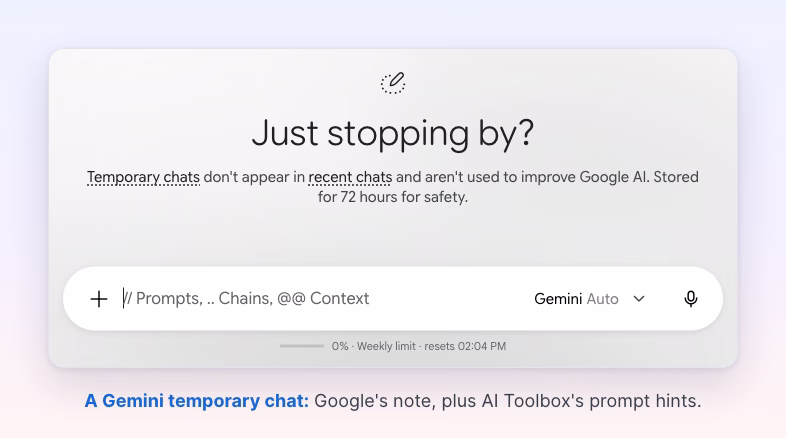 Gemini temporary chat screen: not in recent chats, not used to improve Google AI, stored for 72 hours