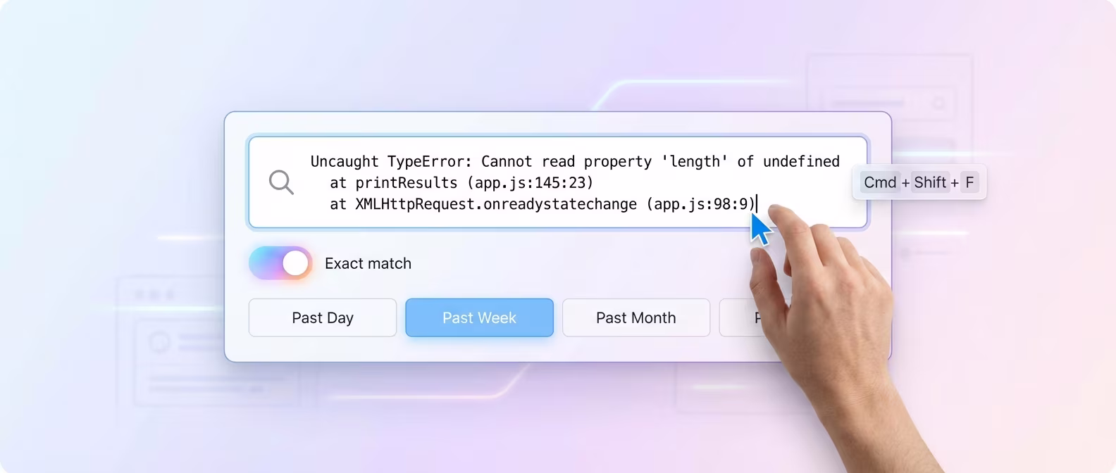 Gemini Toolbox search with a pasted error message and exact match toggle for developer debugging