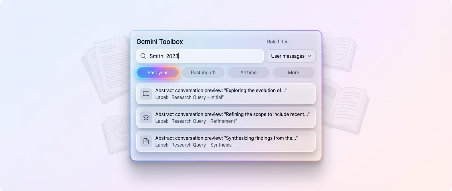 Gemini Toolbox search popup with author name and date chip for literature review workflow