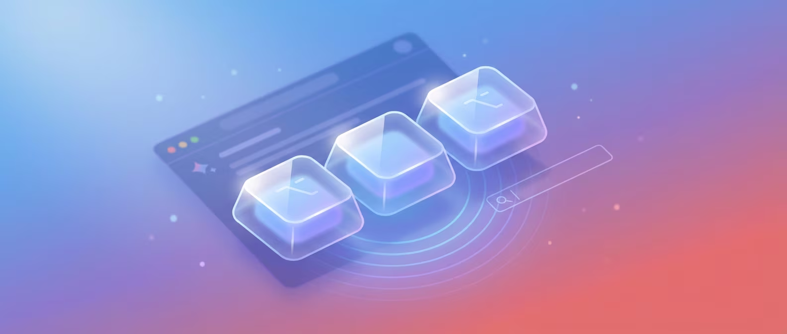 Three floating keyboard keys representing Cmd Shift F opening the Gemini Toolbox search popup
