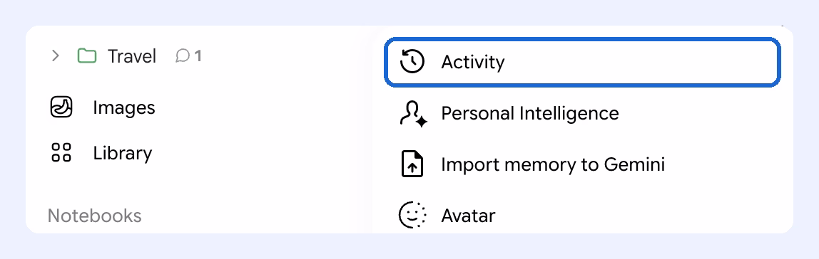 Gemini settings menu opened from the side panel with Activity highlighted at the top, above Personal Intelligence