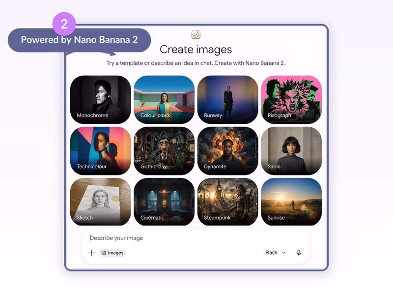 Gemini Create images template gallery with the Create with Nano Banana 2 subtitle visible above 12 style tiles