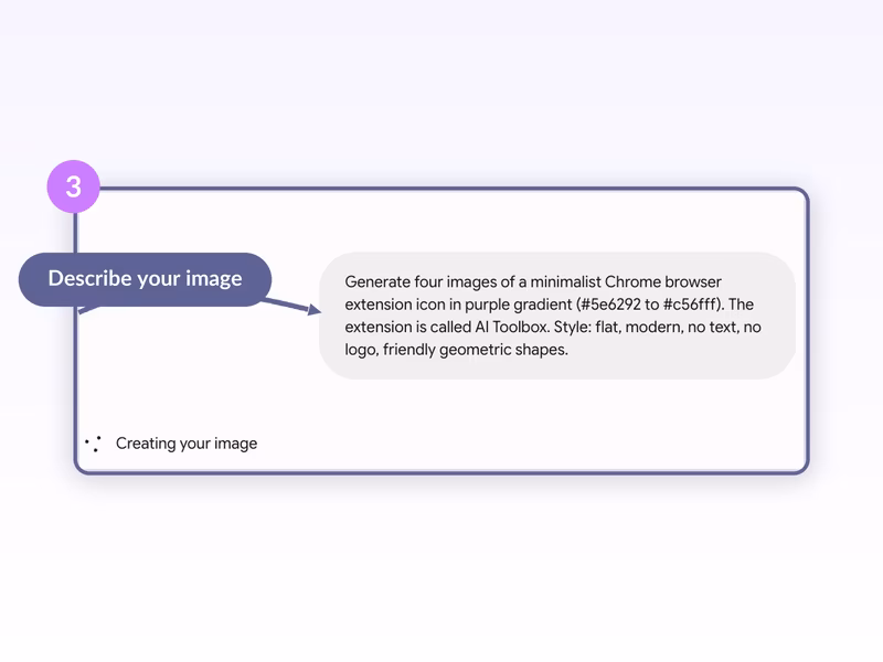 Gemini chat with a detailed image-generation prompt in the input and a Creating your image loading indicator below