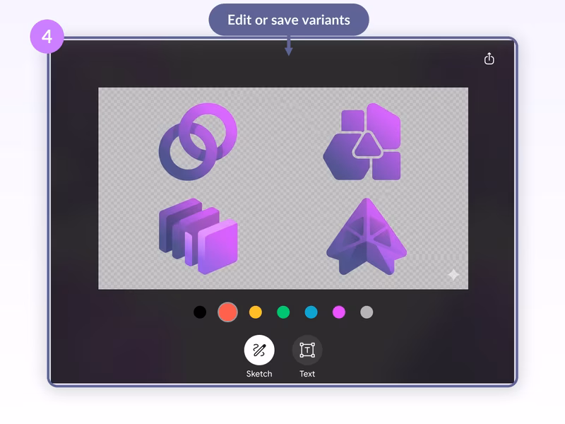 Gemini image editor showing four generated variants with Sketch and Text tools and a color row below