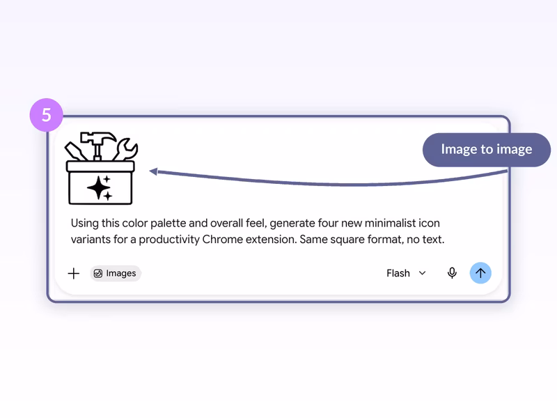 Gemini prompt with an attached reference icon and an image-to-image instruction to generate new variants