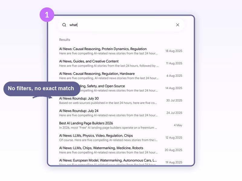 Gemini's native search for the word what, showing a flat list of matching conversations with a preview line and a date, and no filters