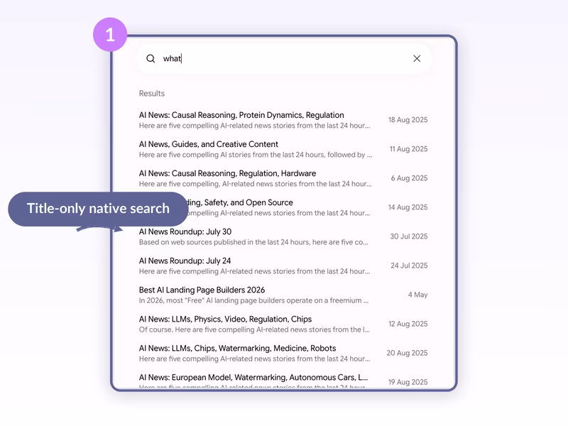 Gemini native sidebar search for the word what showing a flat list of conversation titles with dates and no body-content snippets or filters