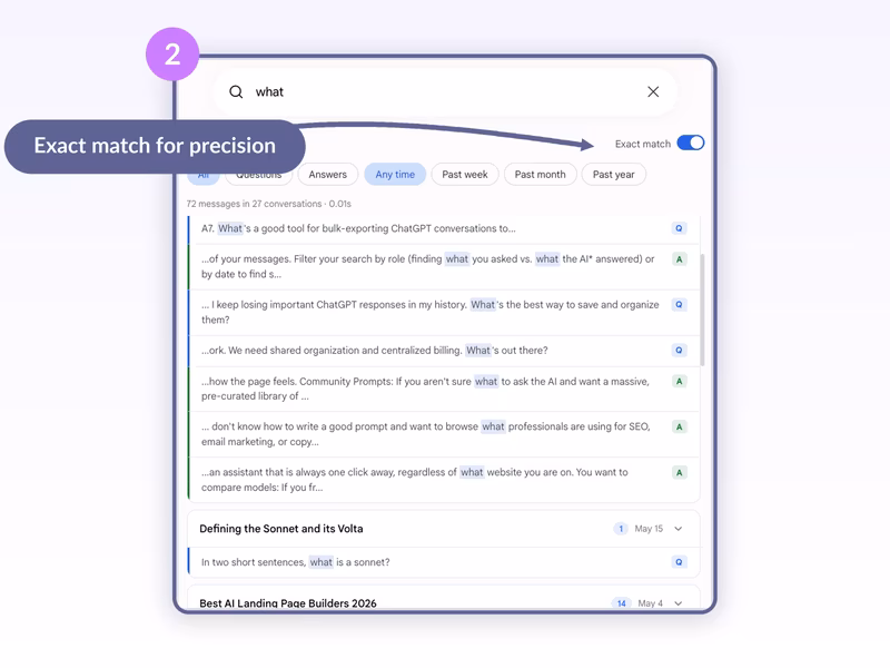AI Toolbox Gemini-module search popup with the Exact match toggle ON returning 72 messages in 27 conversations with Q and A role badges