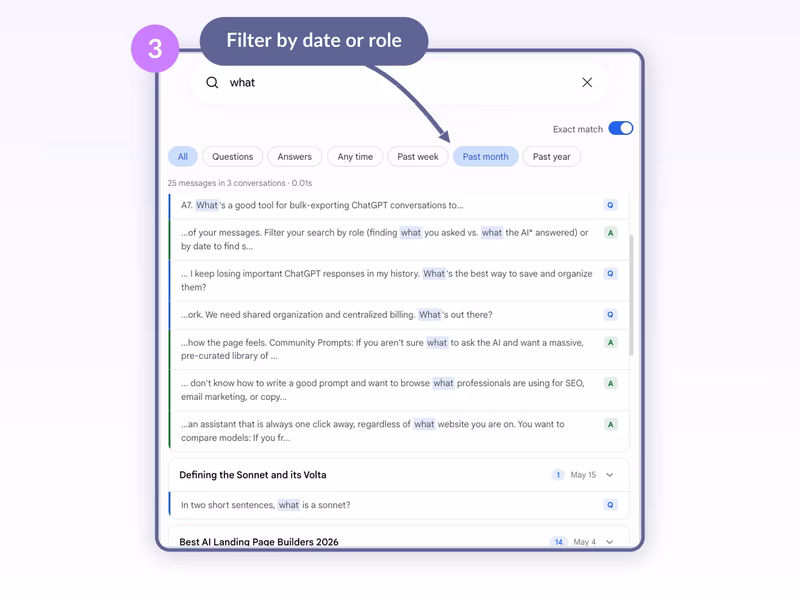 AI Toolbox Gemini-module search popup with the Past month date filter selected narrowing the result count to 25 messages in 3 conversations