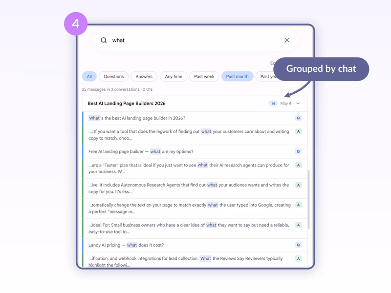 AI Toolbox Gemini-module search results grouped by conversation showing Best AI Landing Page Builders 2026 with 14 matching messages and snippets visible
