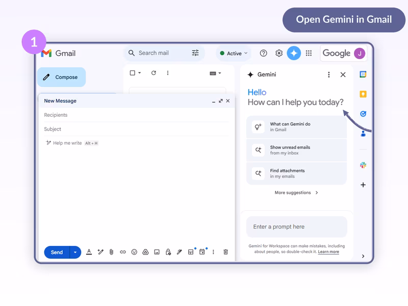 Gmail with the Gemini side panel showing What can Gemini do, Show unread emails, Find attachments suggestions and a Compose window with Help me write Alt+H visible