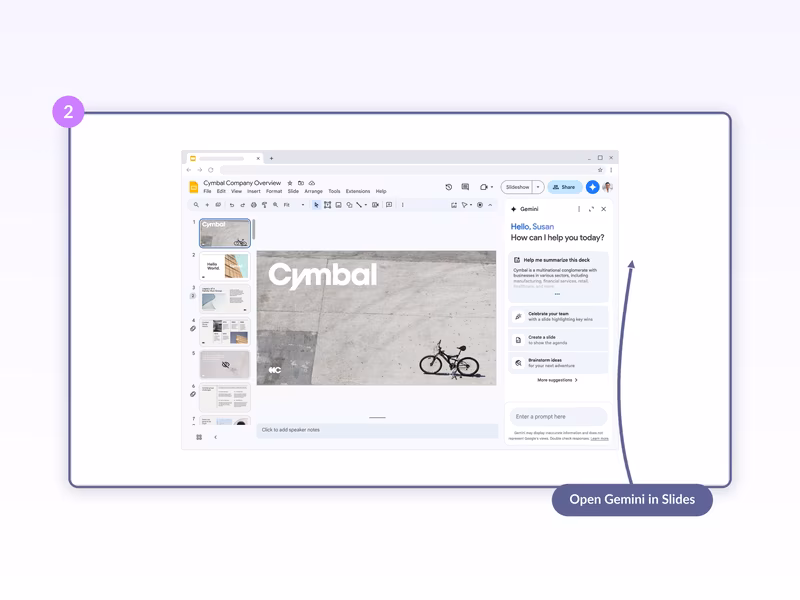 Google Slides with the Gemini side panel showing Help me summarize this deck, Celebrate your team, Create a slide, Brainstorm ideas