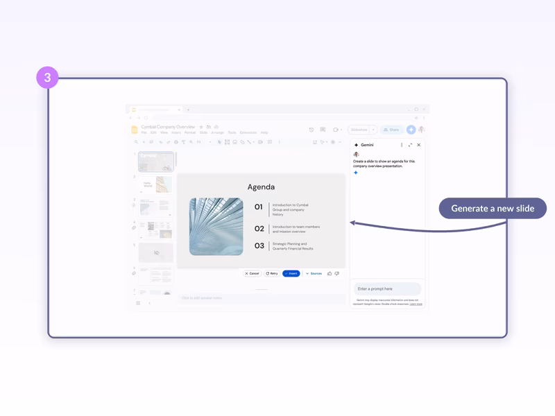 Gemini-generated Agenda slide previewed inside Google Slides with Cancel, Retry, Insert, and Sources buttons below