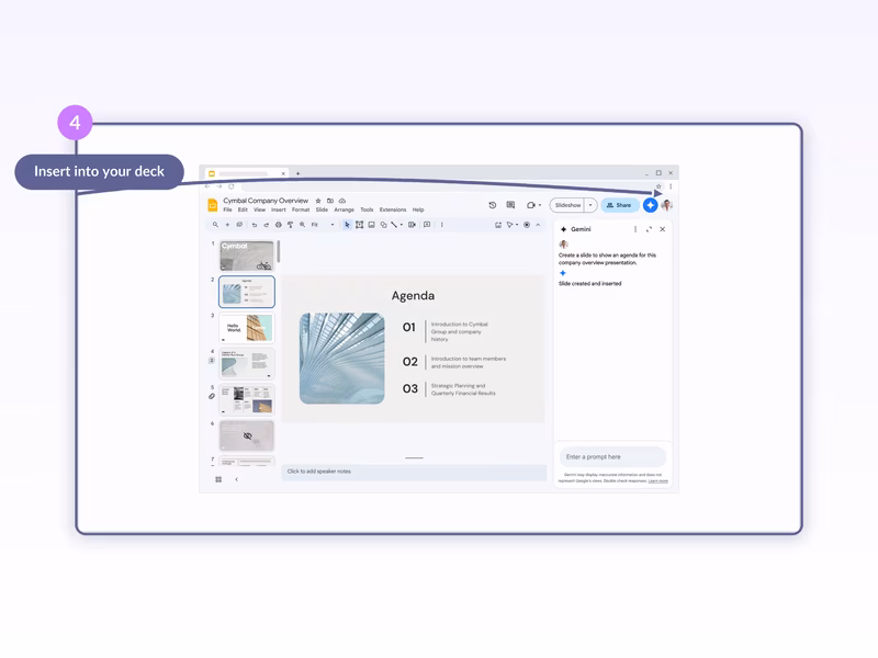 Google Slides after Insert: the generated Agenda slide is now in the filmstrip and the Gemini panel shows Slide created and inserted