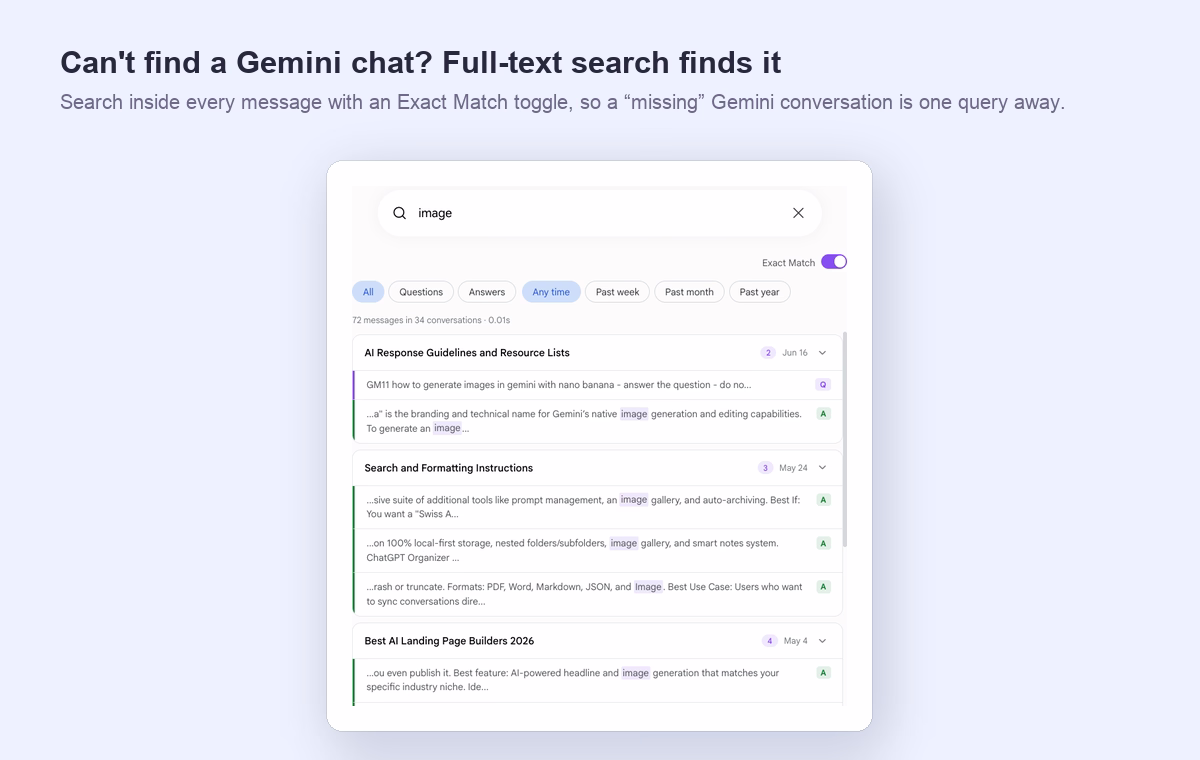 AI Toolbox full-text search finding a missing Gemini conversation by message content