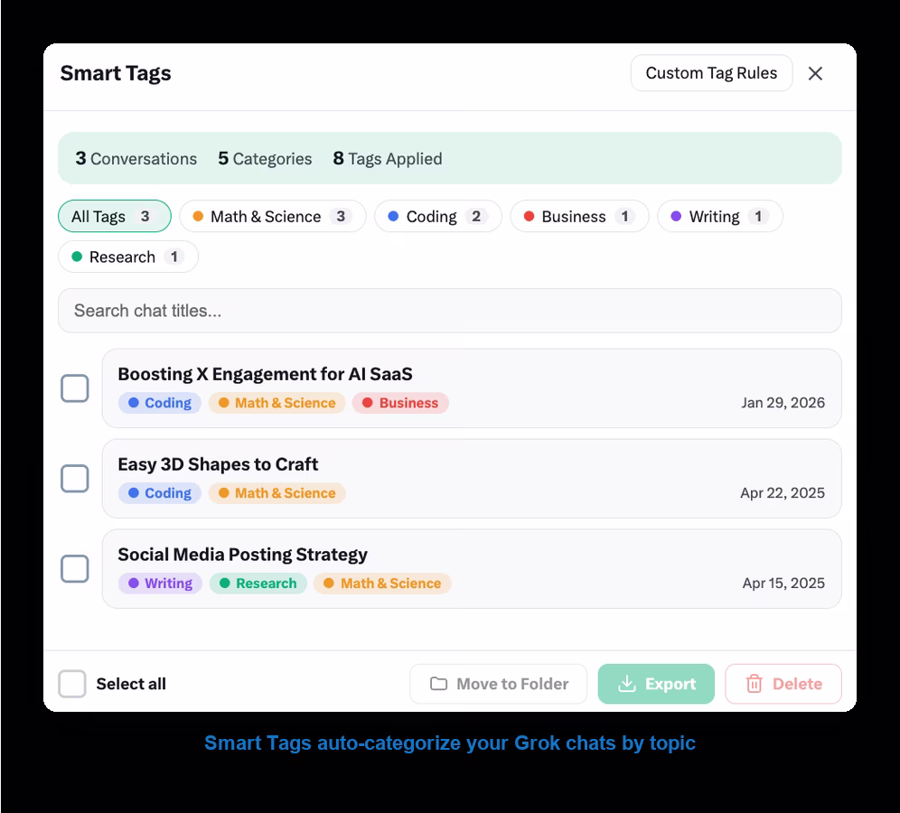 Smart Tags auto-categorizing Grok chats by topic with export and move-to-folder actions