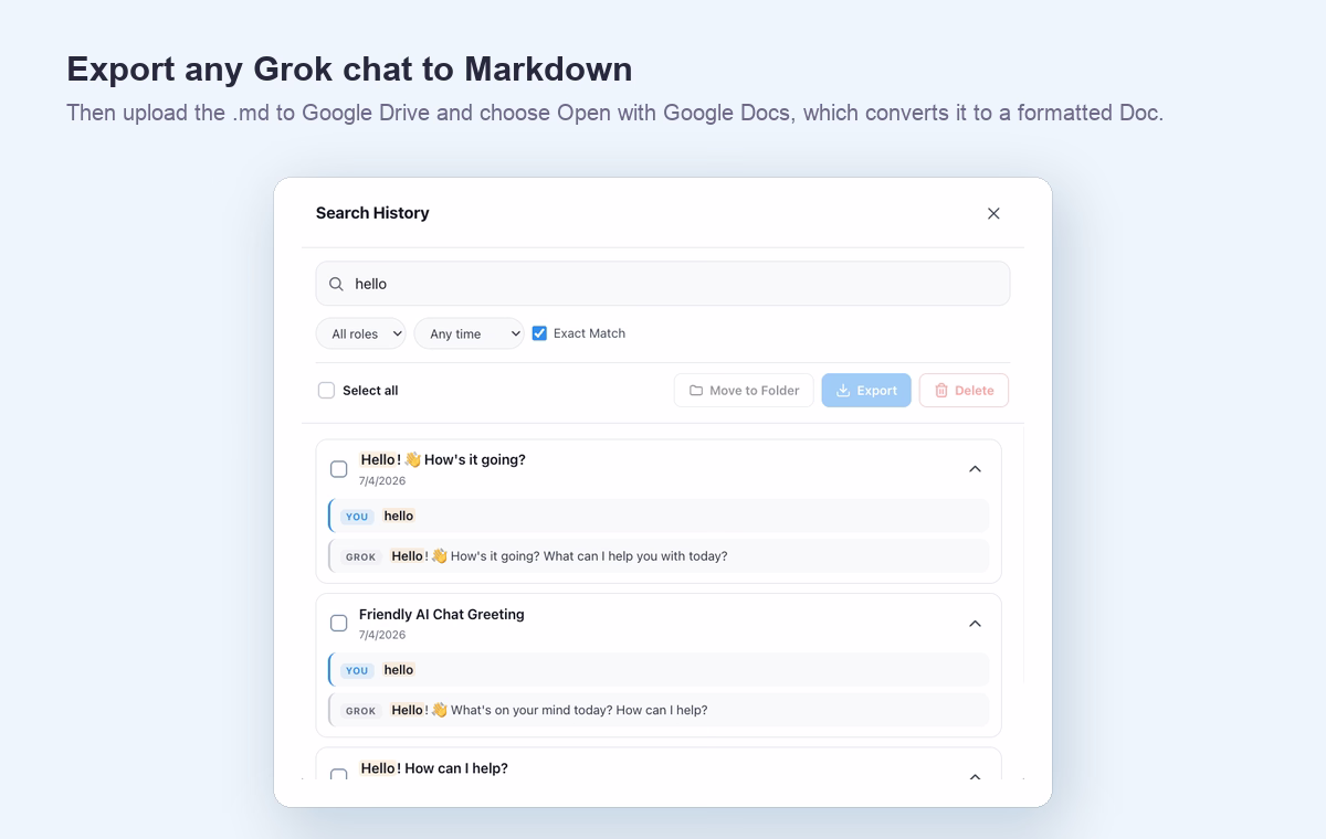AI Toolbox exporting a Grok conversation to Markdown, PDF, TXT, or JSON