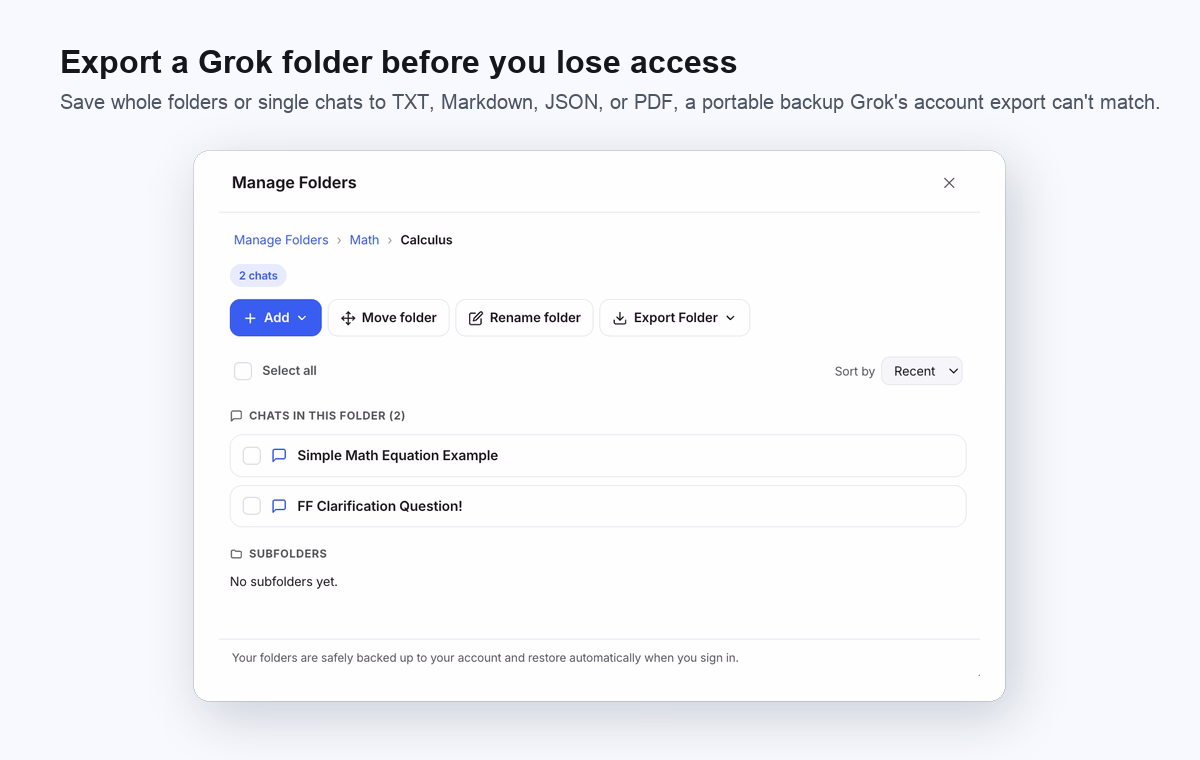AI Toolbox exporting a Grok folder to TXT, Markdown, JSON, or PDF