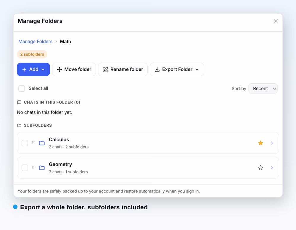 AI Toolbox folder view on Grok with an Export Folder option and nested subfolders