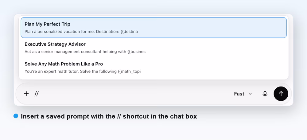 Grok chat box with // typed showing a dropdown of saved prompts to insert