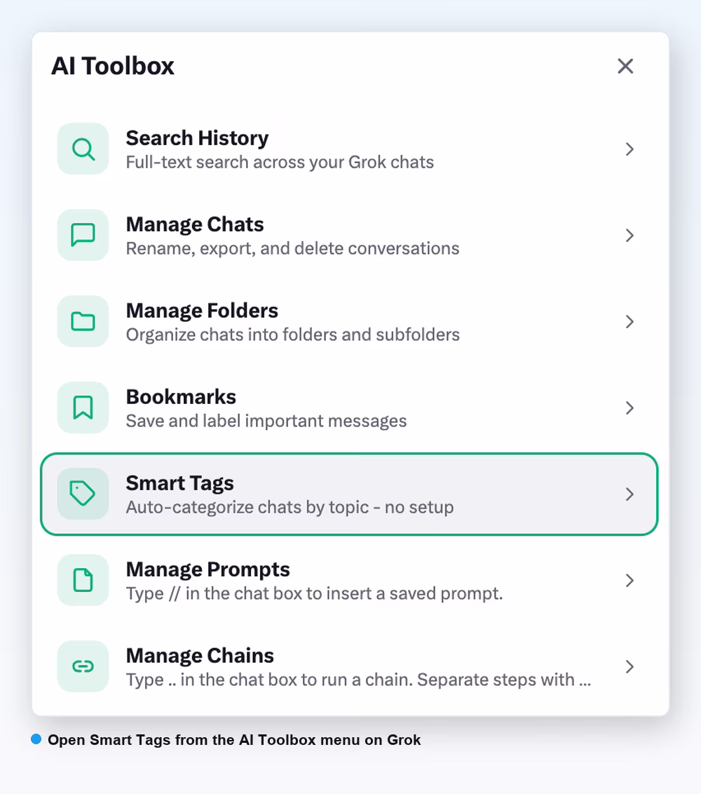 AI Toolbox menu on Grok with the Smart Tags item highlighted, Auto-categorize chats by topic with no setup