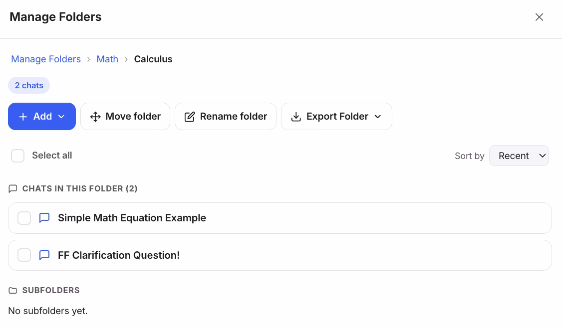 AI Toolbox on Grok showing an Export Folder button, multi-select conversations, and folder structure