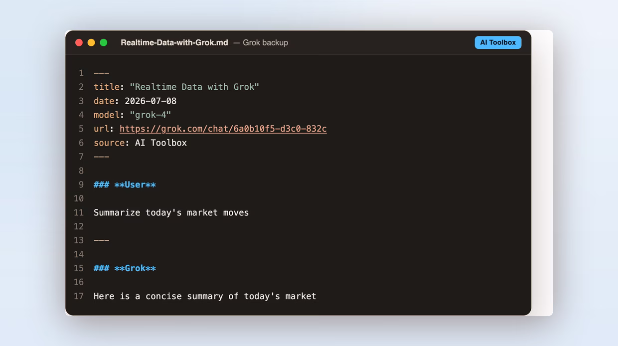 Top of an exported Markdown file from Grok shown in a code editor. Lines 1 through 6 are a YAML frontmatter block delimited by triple dashes containing title, date, model 'grok-4', url linking to the original grok.com conversation, and source AI Toolbox. Below it the conversation body starts with a User heading, the prompt, a horizontal rule, then a Grok heading and the assistant response.